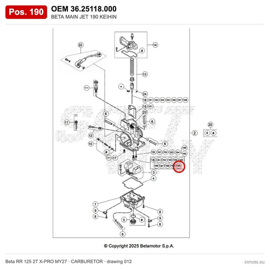 BETA MAIN JET 190 KEIHIN – OEM 36.25118.000, position 190 on the Beta RR 125 2T X-PRO MY27 carburetor drawing