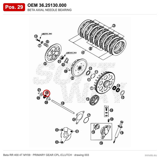 BETA AXIAL NEEDLE BEARING – OEM 36.25130.000, position 29 on the Beta RR 400 4T MY09 primary gear cpl./clutch drawing
