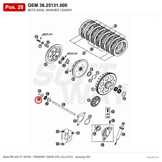 BETA AXIAL WASHER 12X26X1 – OEM 36.25131.000, position 28 on the Beta RR 400 4T MY09 primary gear cpl./clutch drawing