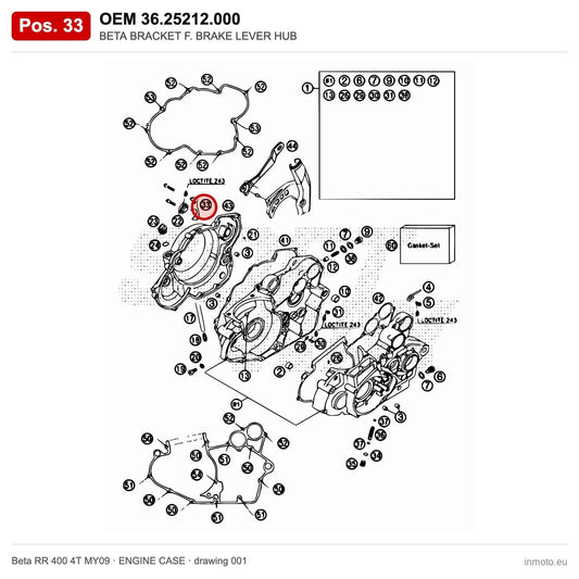 BETA BRACKET F. BRAKE LEVER HUB – OEM 36.25212.000, position 33 on the Beta RR 400 4T MY09 engine case drawing