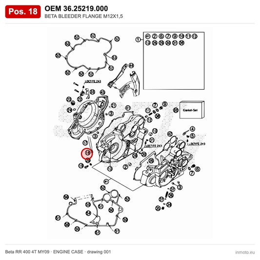 BETA BLEEDER FLANGE M12X1,5 – OEM 36.25219.000, position 18 on the Beta RR 400 4T MY09 engine case drawing