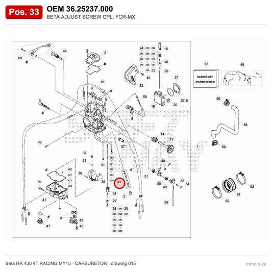 BETA ADJUST SCREW CPL. FCR-MX – OEM 36.25237.000, position 33 on the Beta RR 430 4T RACING MY15 carburetor drawing