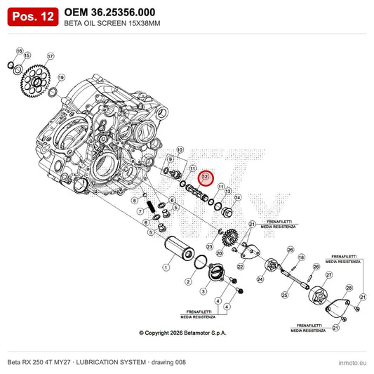 BETA OIL SCREEN 15X38MM – OEM 36.25356.000, position 12 on the Beta RX 250 4T MY27 lubrication system drawing