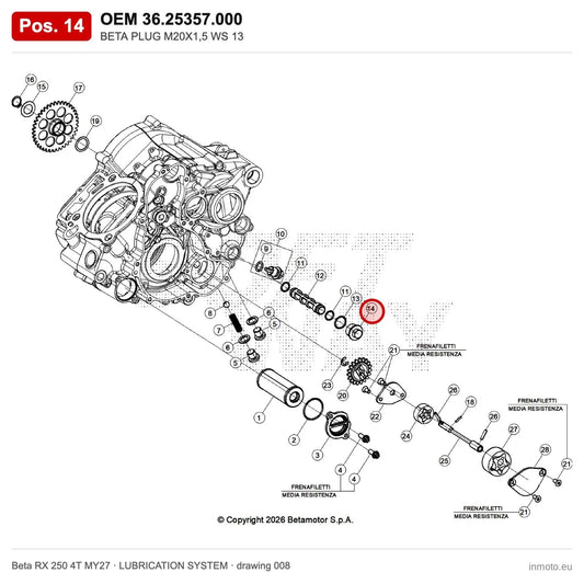 BETA PLUG M20X1,5 WS 13 – OEM 36.25357.000, position 14 on the Beta RX 250 4T MY27 lubrication system drawing