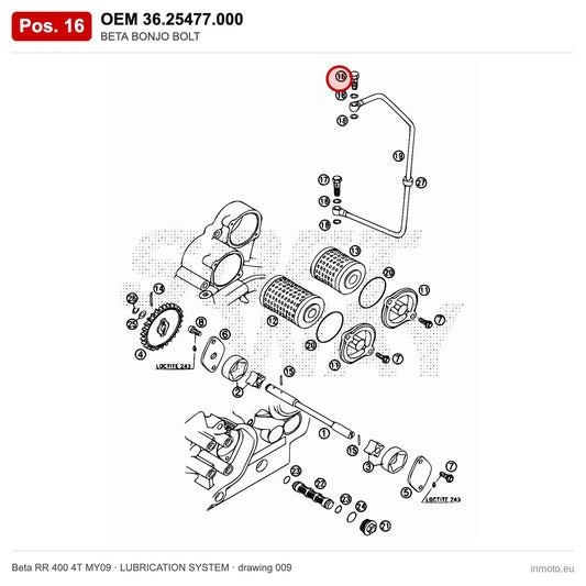 BETA BONJO BOLT – OEM 36.25477.000, position 16 on the Beta RR 400 4T MY09 lubrication system drawing