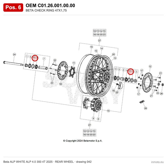 BETA CHECK RING 47X1,75 – OEM C01.26.001.00.00, position 6 on the Beta ALP WHITE ALP 4.0 350 4T 2025 rear wheel drawing