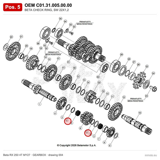 BETA CHECK RING, SW 22X1,2 – OEM C01.31.005.00.00, position 5 on the Beta RX 250 4T MY27 gearbox drawing