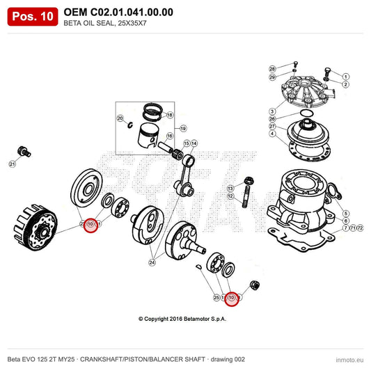 BETA OIL SEAL, 25X35X7 – OEM C02.01.041.00.00, position 10 on the Beta EVO 125 2T MY25 crankshaft/piston/balancer shaft drawing