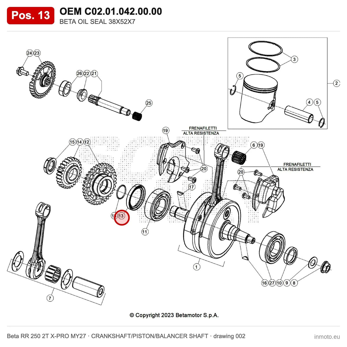 BETA OIL SEAL 38X52X7 – OEM C02.01.042.00.00, position 13 on the Beta RR 250 2T X-PRO MY27 crankshaft/piston/balancer shaft drawing