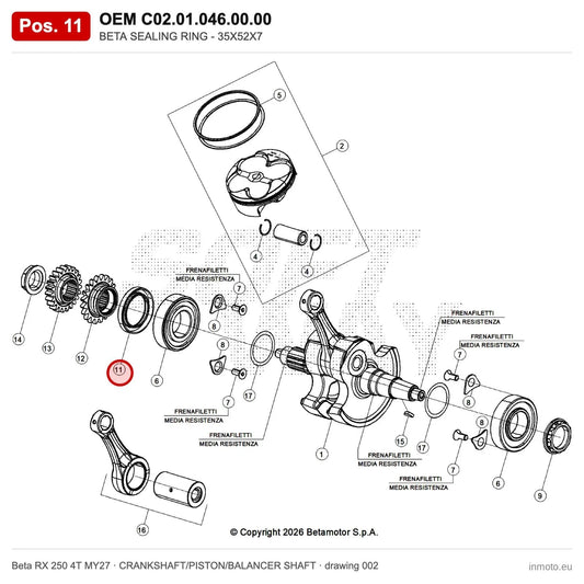 BETA SEALING RING - 35X52X7 – OEM C02.01.046.00.00, position 11 on the Beta RX 250 4T MY27 crankshaft/piston/balancer shaft drawing