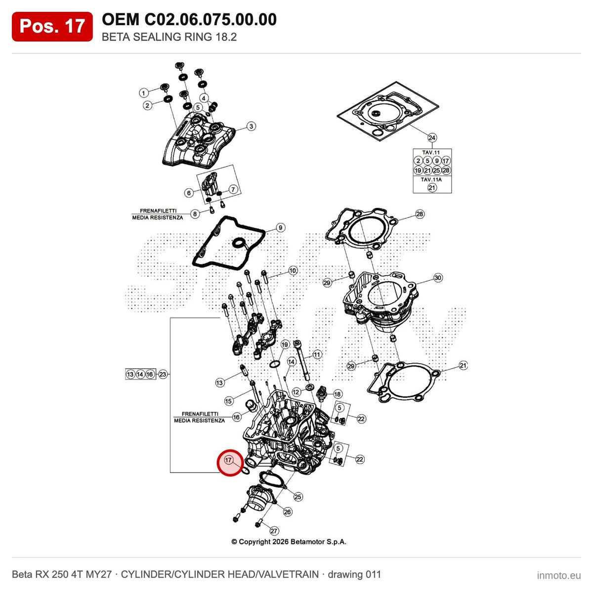 BETA SEALING RING 18.2 – OEM C02.06.075.00.00, position 17 on the Beta RX 250 4T MY27 cylinder/cylinder head/valvetrain drawing