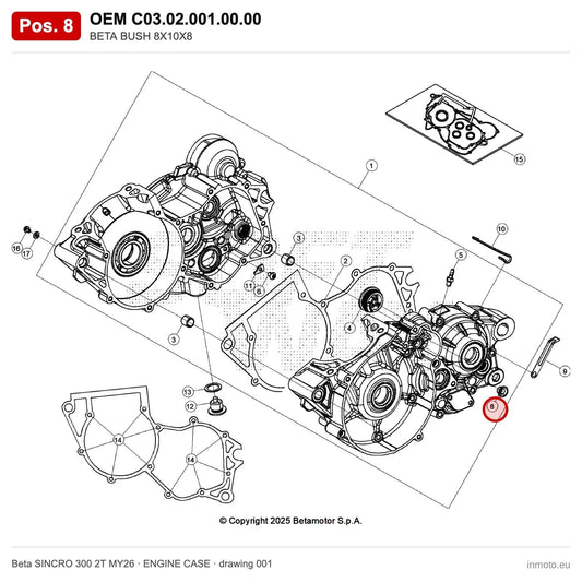 BETA BUSH 8X10X8 – OEM C03.02.001.00.00, position 8 on the Beta SINCRO 300 2T MY26 engine case drawing