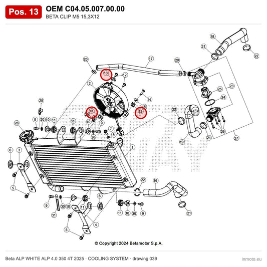 BETA CLIP M5 15,3X12 – OEM C04.05.007.00.00, position 13 on the Beta ALP WHITE ALP 4.0 350 4T 2025 cooling system drawing