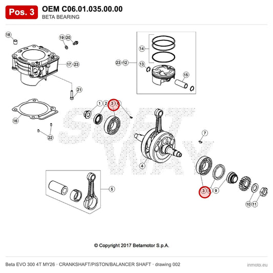 BETA BEARING – OEM C06.01.035.00.00, position 3 on the Beta EVO 300 4T MY26 crankshaft/piston/balancer shaft drawing