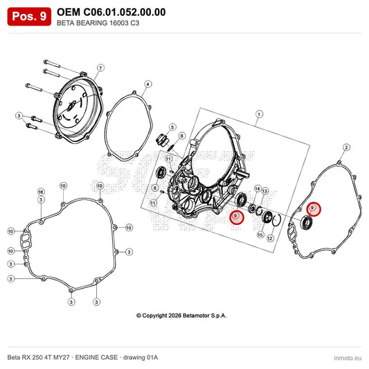 BETA BEARING 16003 C3 – OEM C06.01.052.00.00, position 9 on the Beta RX 250 4T MY27 engine case drawing