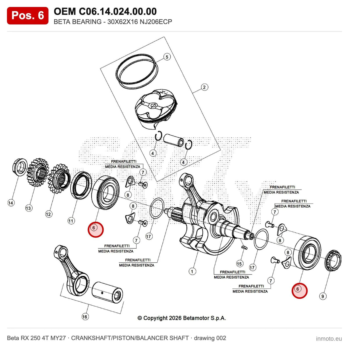 BETA BEARING - 30X62X16 NJ206ECP – OEM C06.14.024.00.00, position 6 on the Beta RX 250 4T MY27 crankshaft/piston/balancer shaft drawing