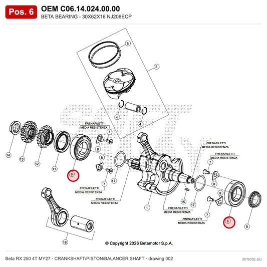 BETA BEARING - 30X62X16 NJ206ECP – OEM C06.14.024.00.00, position 6 on the Beta RX 250 4T MY27 crankshaft/piston/balancer shaft drawing
