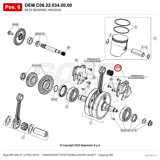 BETA BEARING 18X22X20 – OEM C06.22.034.00.00, position 6 on the Beta RR 250 2T X-PRO MY27 crankshaft/piston/balancer shaft drawing