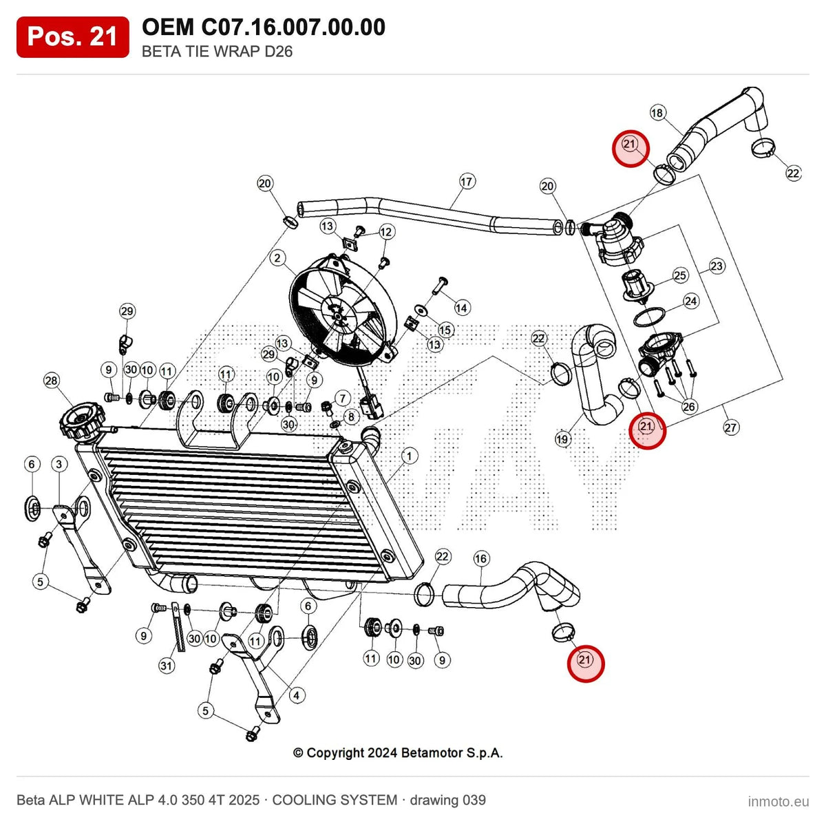 BETA TIE WRAP D26 – OEM C07.16.007.00.00, position 21 on the Beta ALP WHITE ALP 4.0 350 4T 2025 cooling system drawing