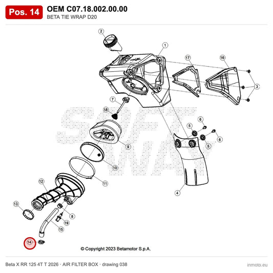 BETA TIE WRAP D20 – OEM C07.18.002.00.00, position 14 on the Beta X RR 125 4T T 2026 air filter box drawing