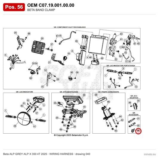 BETA BAND CLAMP – OEM C07.19.001.00.00, position 56 on the Beta ALP GREY ALP X 350 4T 2025 wiring harness drawing