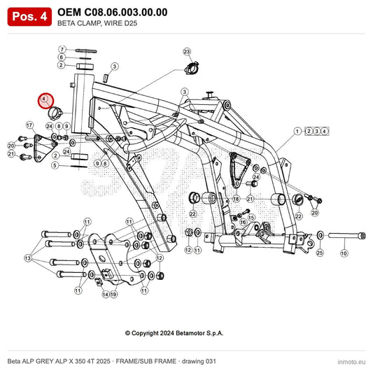 BETA CABLE FINGER D25 – OEM C08.06.003.00.00, position 4 on the Beta ALP GREY ALP X 350 4T 2025 frame/sub frame drawing