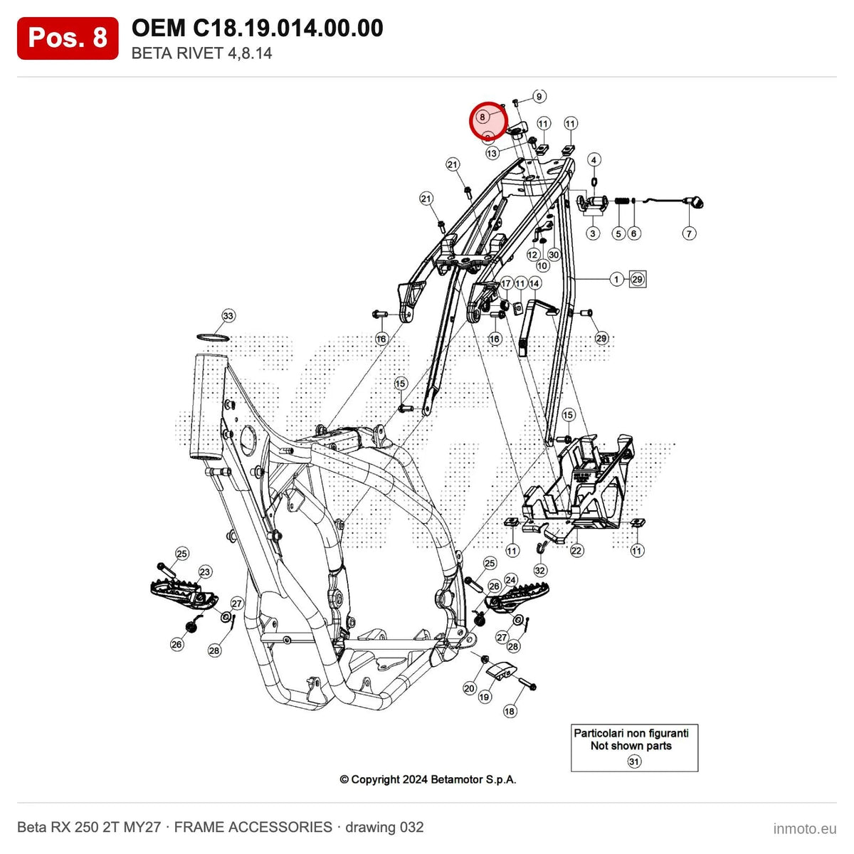 BETA RIVET 4,8.14 – OEM C18.19.014.00.00, position 8 on the Beta RX 250 2T MY27 frame accessories drawing