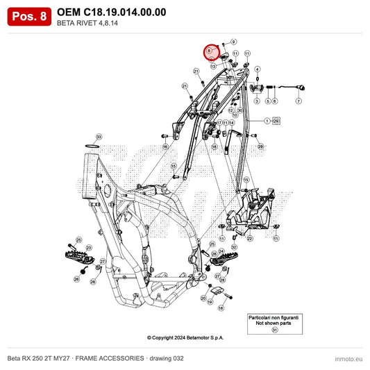 BETA RIVET 4,8.14 – OEM C18.19.014.00.00, position 8 on the Beta RX 250 2T MY27 frame accessories drawing