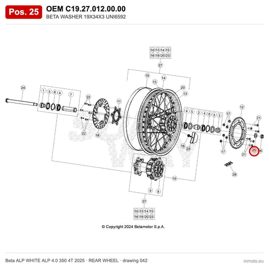 BETA WASHER 19X34X3 UNI6592 – OEM C19.27.012.00.00, position 25 on the Beta ALP WHITE ALP 4.0 350 4T 2025 rear wheel drawing