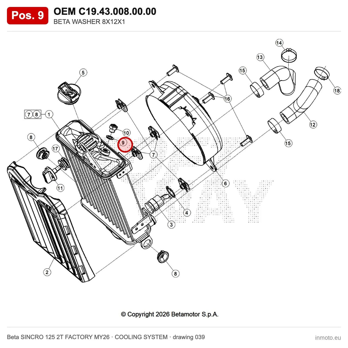BETA WASHER 8X12X1 – OEM C19.43.008.00.00, position 9 on the Beta SINCRO 125 2T FACTORY MY26 cooling system drawing