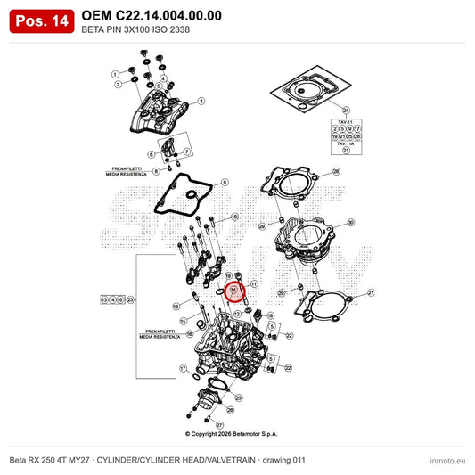 BETA PIN 3X100 ISO 2338 – OEM C22.14.004.00.00, position 14 on the Beta RX 250 4T MY27 cylinder/cylinder head/valvetrain drawing