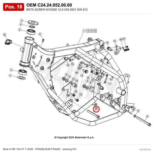 BETA SCREW M10X90 12.9 UNI 5931 DIN 912 – OEM C24.24.052.00.00, position 18 on the Beta X RR 125 4T T 2026 frame/sub frame drawing