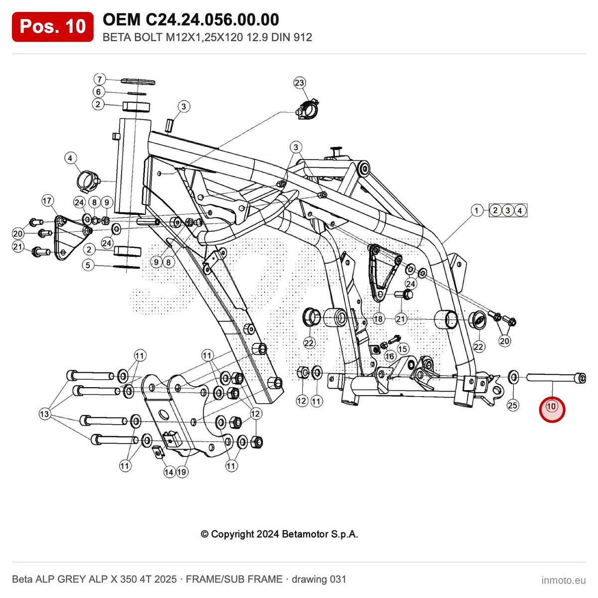 BETA SCREW M12X1,25X120 12.9 DIN 912 – OEM C24.24.056.00.00, position 10 on the Beta ALP GREY ALP X 350 4T 2025 frame/sub frame drawing