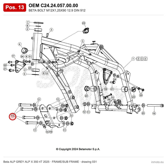 BETA SCREW M12X1,25X90 12.9 DIN 912 – OEM C24.24.057.00.00, position 13 on the Beta ALP GREY ALP X 350 4T 2025 frame/sub frame drawing