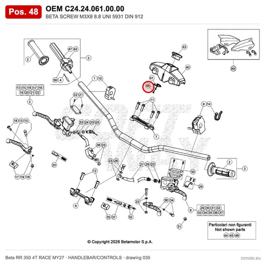 BETA SCREW M3X8 8.8 UNI 5931 DIN 912 – OEM C24.24.061.00.00, position 48 on the Beta RR 350 4T RACE MY27 handlebar/controls drawing