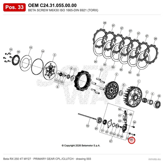 BETA SCREW M6X30 ISO 1665-DIN 6921 (TORX) – OEM C24.31.055.00.00, position 33 on the Beta RX 250 4T MY27 primary gear cpl./clutch drawing