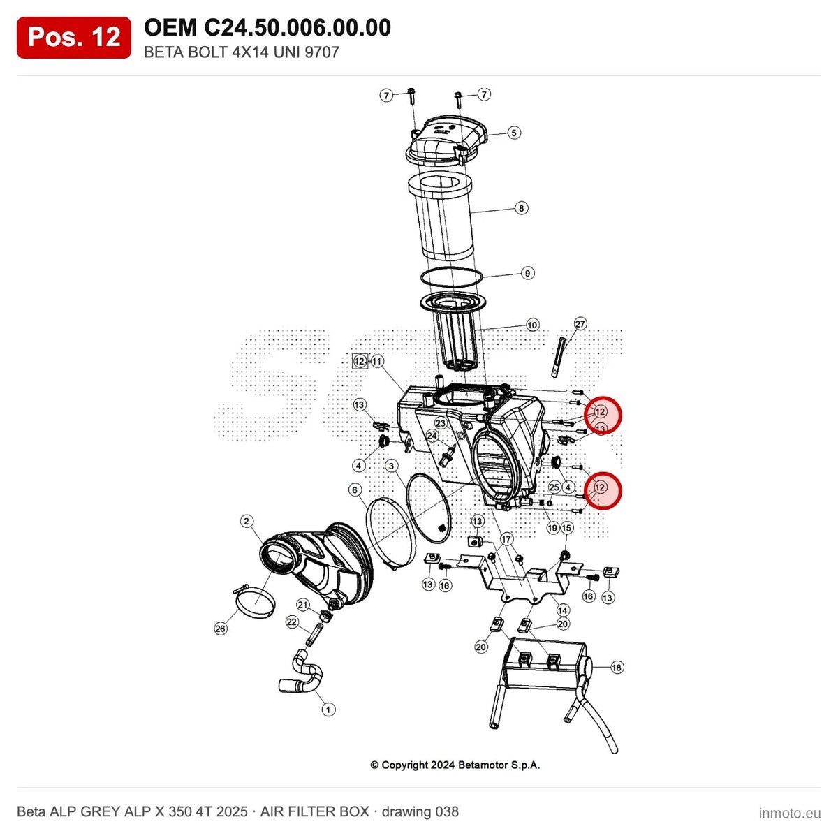 BETA SCREW 4X14 UNI 9707 – OEM C24.50.006.00.00, position 12 on the Beta ALP GREY ALP X 350 4T 2025 air filter box drawing