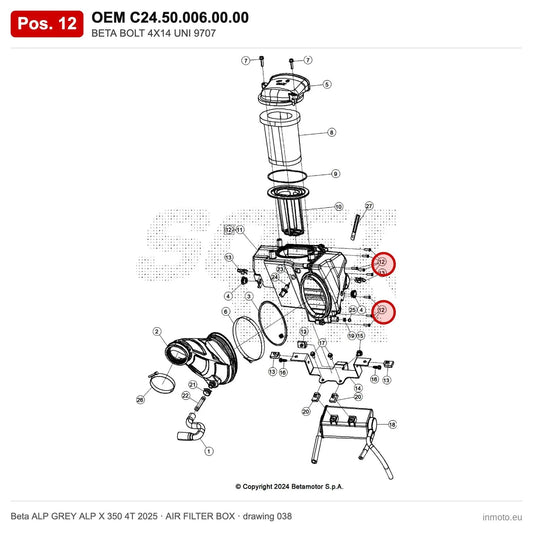 BETA SCREW 4X14 UNI 9707 – OEM C24.50.006.00.00, position 12 on the Beta ALP GREY ALP X 350 4T 2025 air filter box drawing