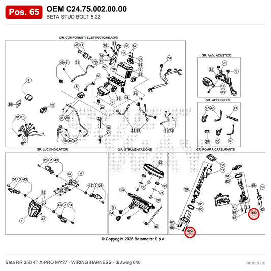 BETA STUD BOLT 5.22 – OEM C24.75.002.00.00, position 65 on the Beta RR 350 4T X-PRO MY27 wiring harness drawing