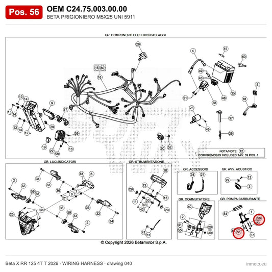 BETA STUD M5X25 UNI 5911 – OEM C24.75.003.00.00, position 56 on the Beta X RR 125 4T T 2026 wiring harness drawing