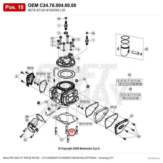 BETA STUD M10X33X1,25 – OEM C24.76.004.00.00, position 18 on the Beta RR 300 2T RACE MY26 cylinder/cylinder head/valvetrain drawing