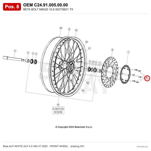 BETA SCREW M6X20 10.9 ISO7380/1 TX – OEM C24.91.005.00.00, position 8 on the Beta ALP WHITE ALP 4.0 350 4T 2025 front wheel drawing