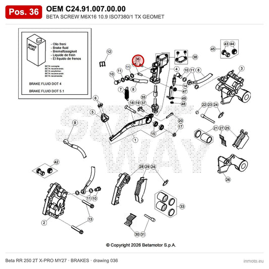 BETA SCREW M6X16 10.9 ISO7380/1 TX GEOMET – OEM C24.91.007.00.00, position 36 on the Beta RR 250 2T X-PRO MY27 brakes drawing