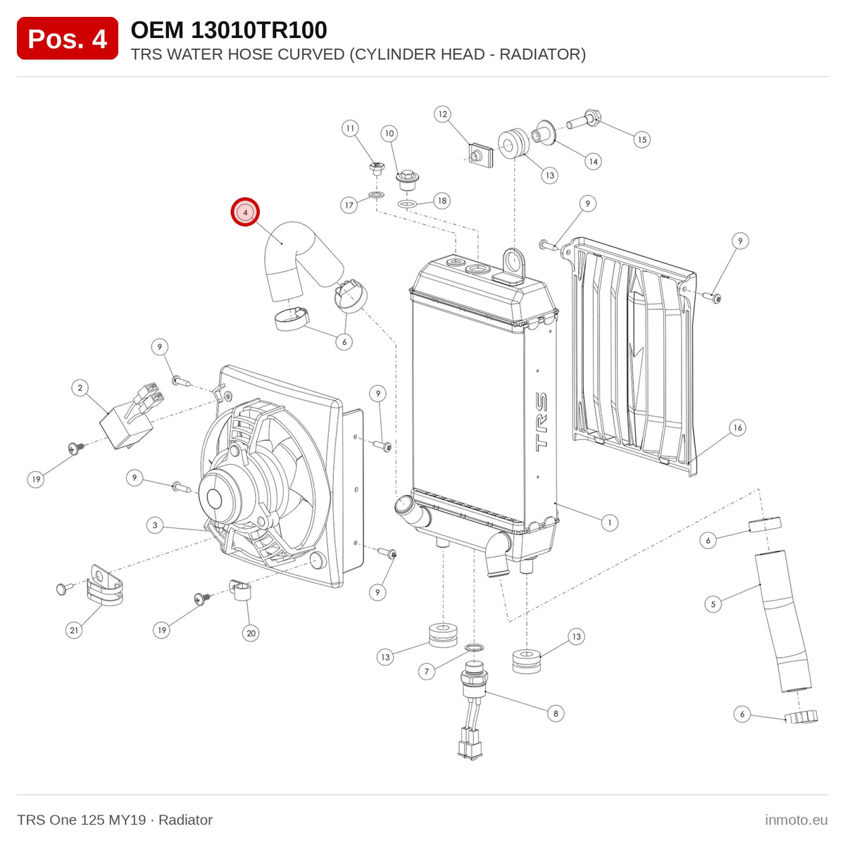 TRS WATER HOSE CURVED (CYLINDER HEAD - RADIATOR) – TRS One 125 MY19 exploded view, radiator, pos. 4