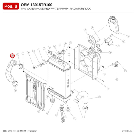 TRS WATER HOSE RED (WATERPUMP - RADIATOR) 80CC – TRS One RR 80 MY24 exploded view, radiator, pos. 8