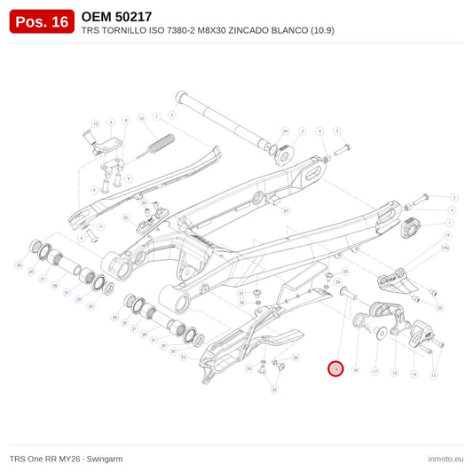 TRS TORNILLO ISO 7380-2 M8X30 ZINCADO BLANCO (10.9) – TRS One RR MY26 exploded view, swingarm, pos. 16