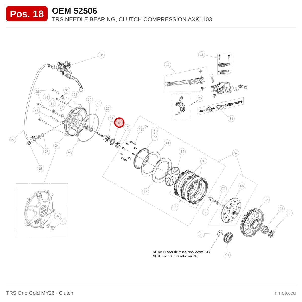 TRS NEEDLE BEARING, CLUTCH COMPRESSION AXK1103 – TRS One Gold MY26 exploded view, clutch, pos. 18