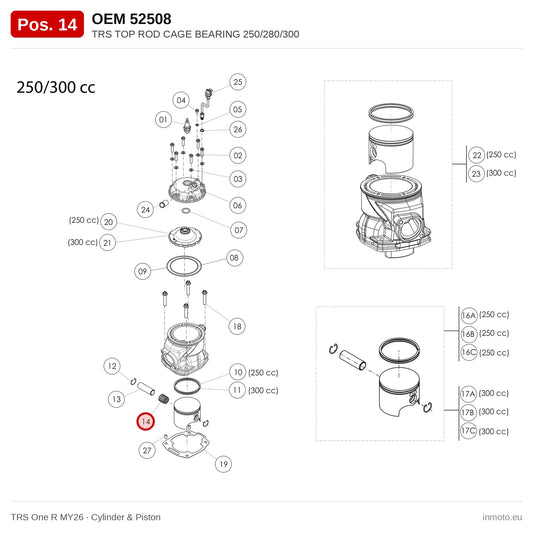 TRS TOP ROD CAGE BEARING 250/280/300 – TRS One R MY26 exploded view, cylinder & piston, pos. 14