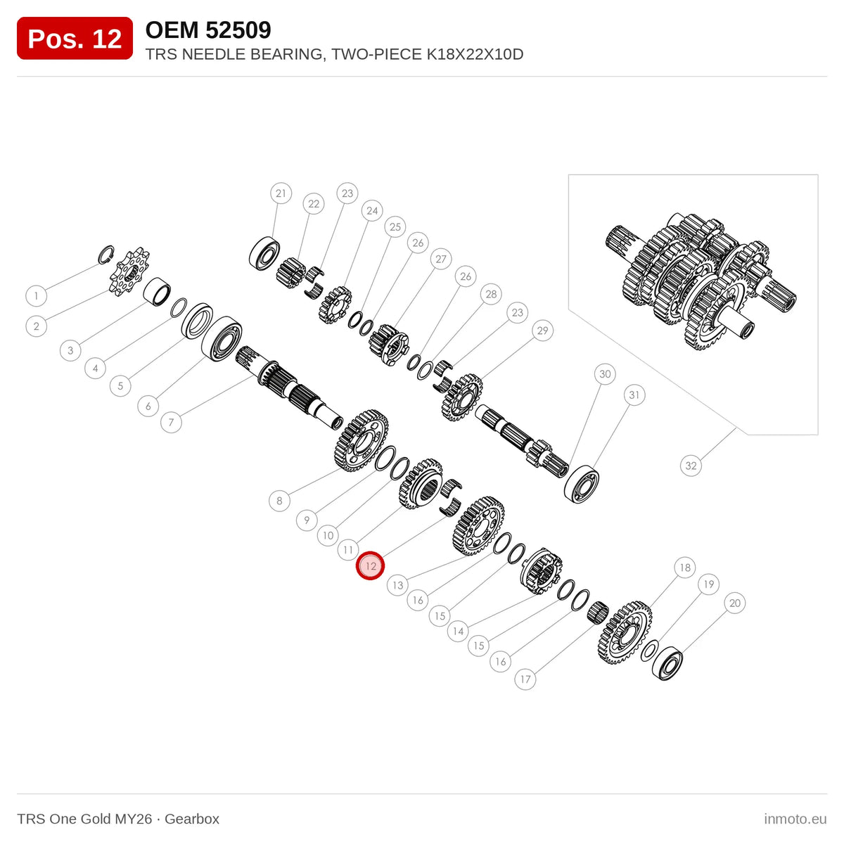 TRS NEEDLE BEARING, TWO-PIECE K18X22X10D – TRS One Gold MY26 exploded view, gearbox, pos. 12