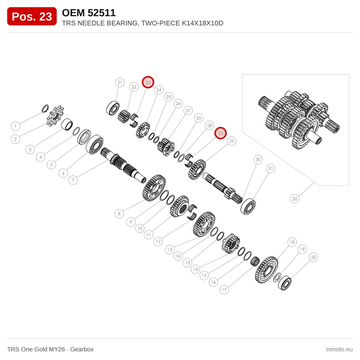 TRS NEEDLE BEARING, TWO-PIECE K14X18X10D – TRS One Gold MY26 exploded view, gearbox, pos. 23